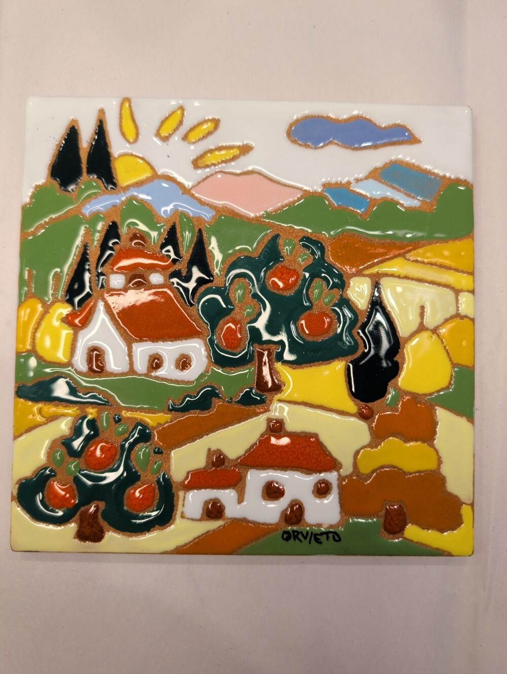 Vintage Orvieto Italian Art Pottery Tile Hand Painted Naif Folk Art Plaque 6"